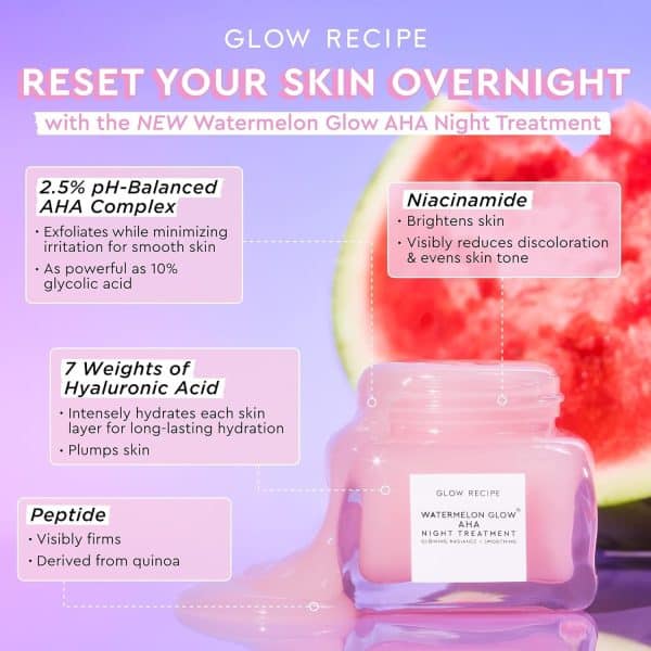 Glow Recipe Watermelon Glow AHA Night Treatment - Overnight Resurfacing Mask with AHA Complex, Hyaluronic Acid, Niacinamide & Watermelon Enzymes for Smooth, Glowing, Even-Toned Skin (60ml) - Image 3