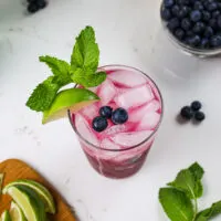 image of a blueberry mojito garnished with fresh blueberries, a sprig of min and a lime wedge