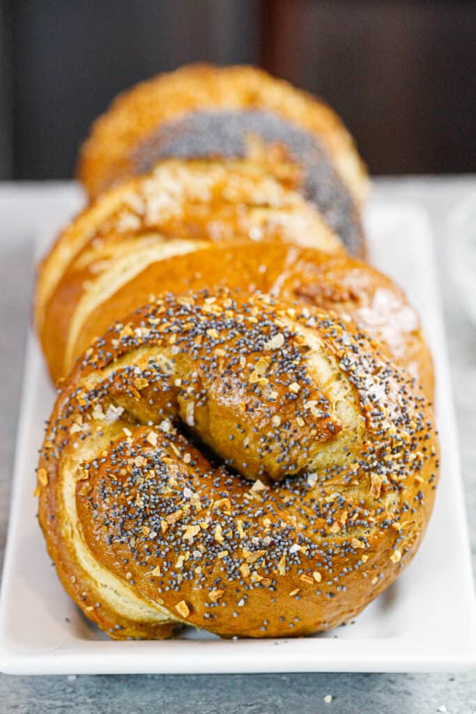 image of homemade bagels stacked on a plate