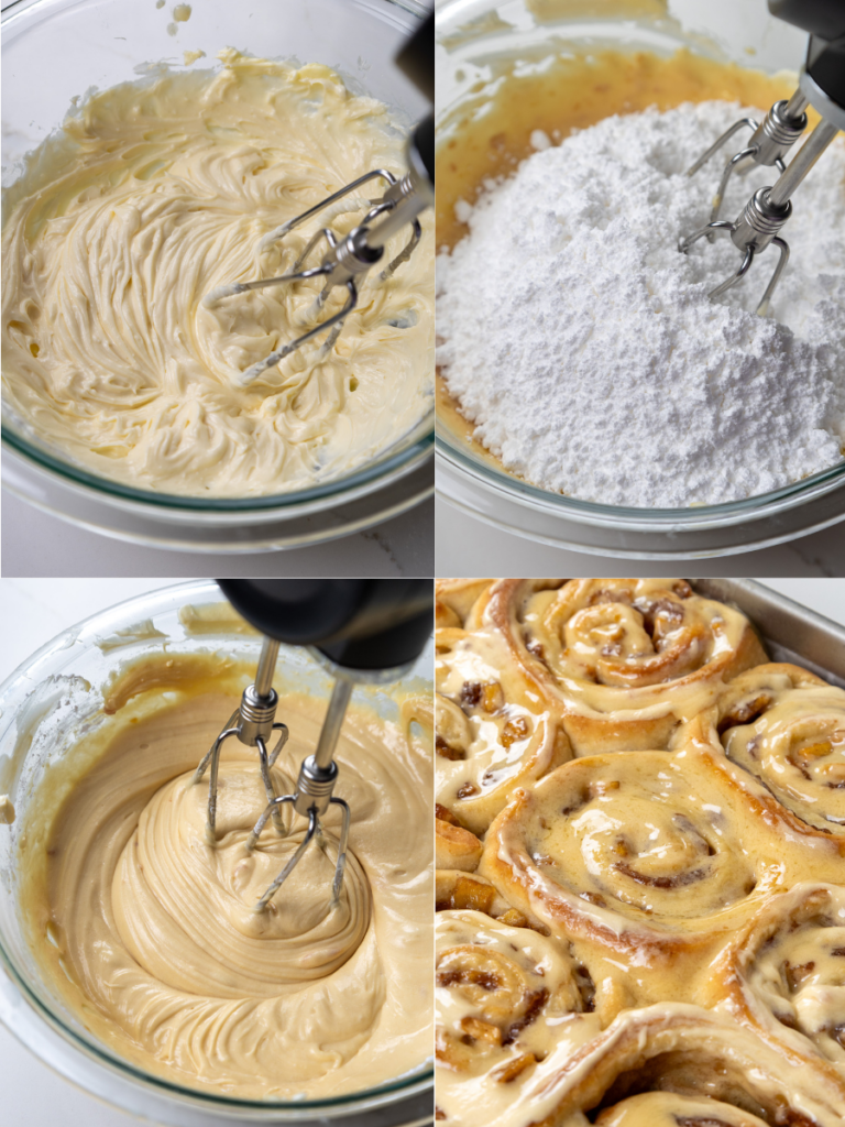 image of caramel cream cheese icing being made for caramel apple cinnamon rolls