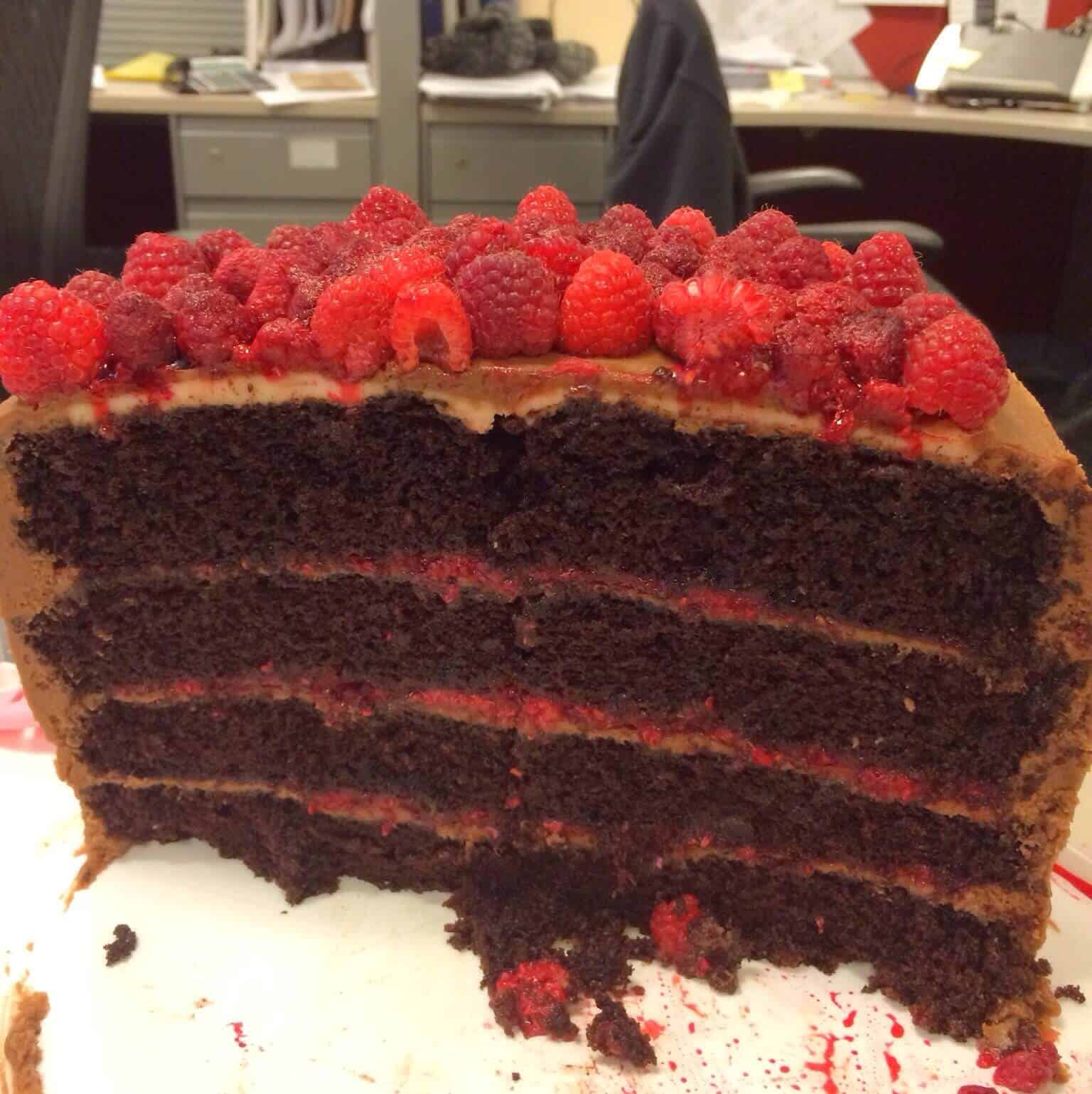 image of a raspberry chocolate fudge cake