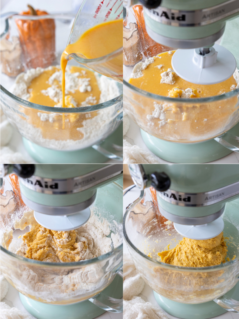 image of wet ingredients being mixed into dry ingredients to make dough for pumpkin pie cinnamon rolls