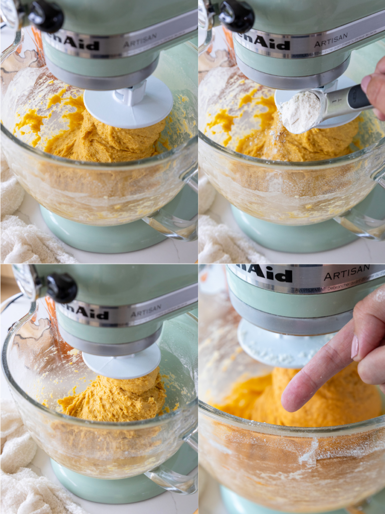 image of additional flour being added to pumpkin cinnamon roll dough
