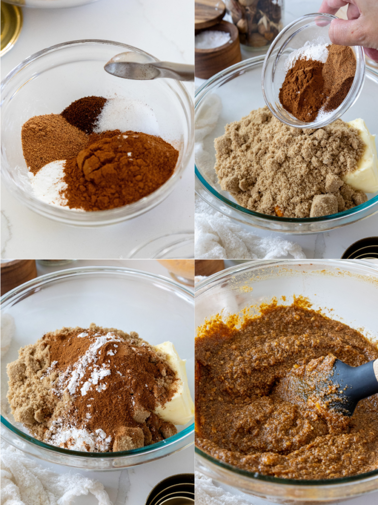image of ingredients being mixed together to make pumpkin pie cinnamon roll filling
