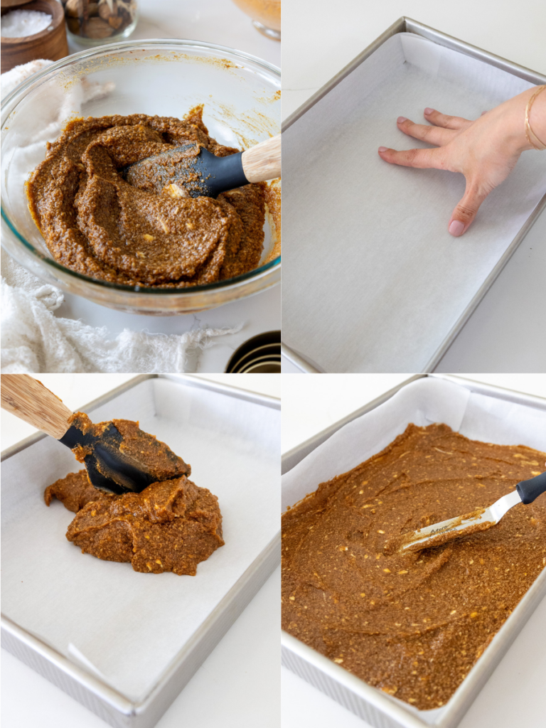 image of filling being spread on bottom of lined pan
