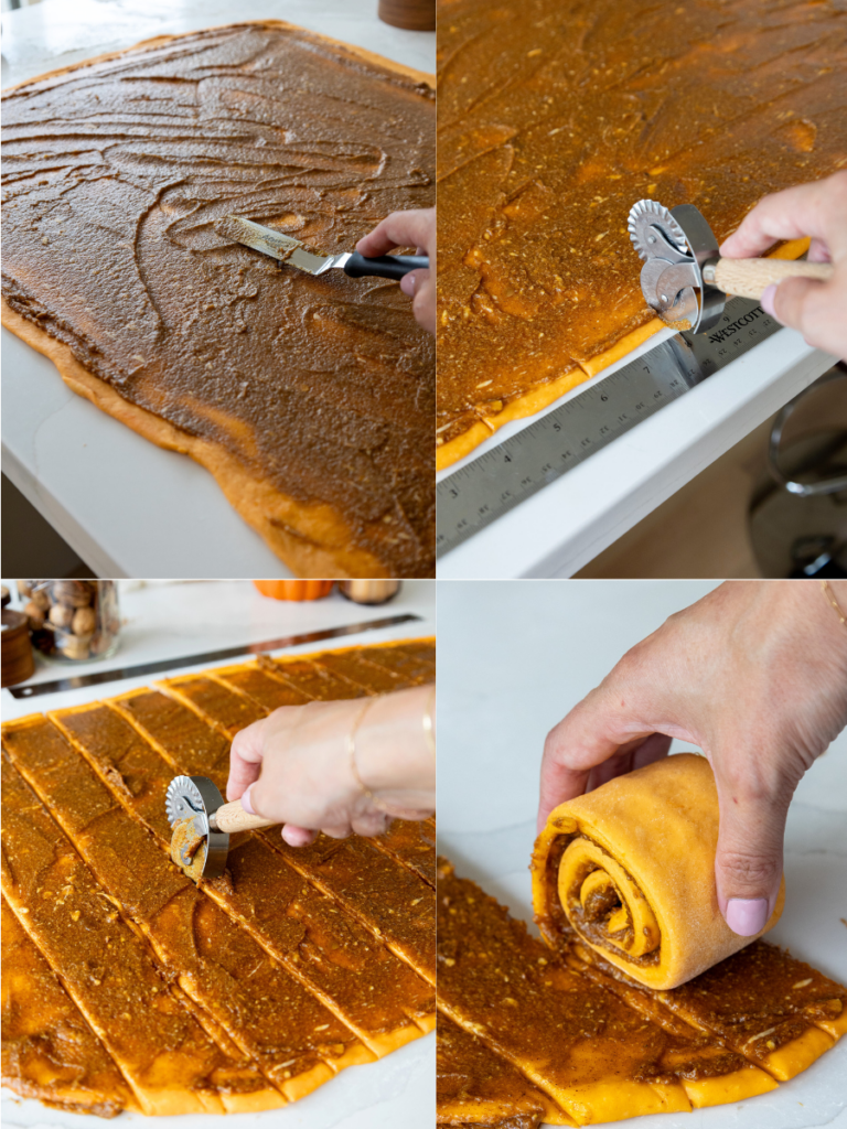 image of pumpkin cinnamon rolls being cut and rolled