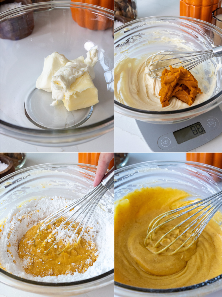 image of pumpkin cream cheese icing being made for pumpkin pie cinnamon rolls