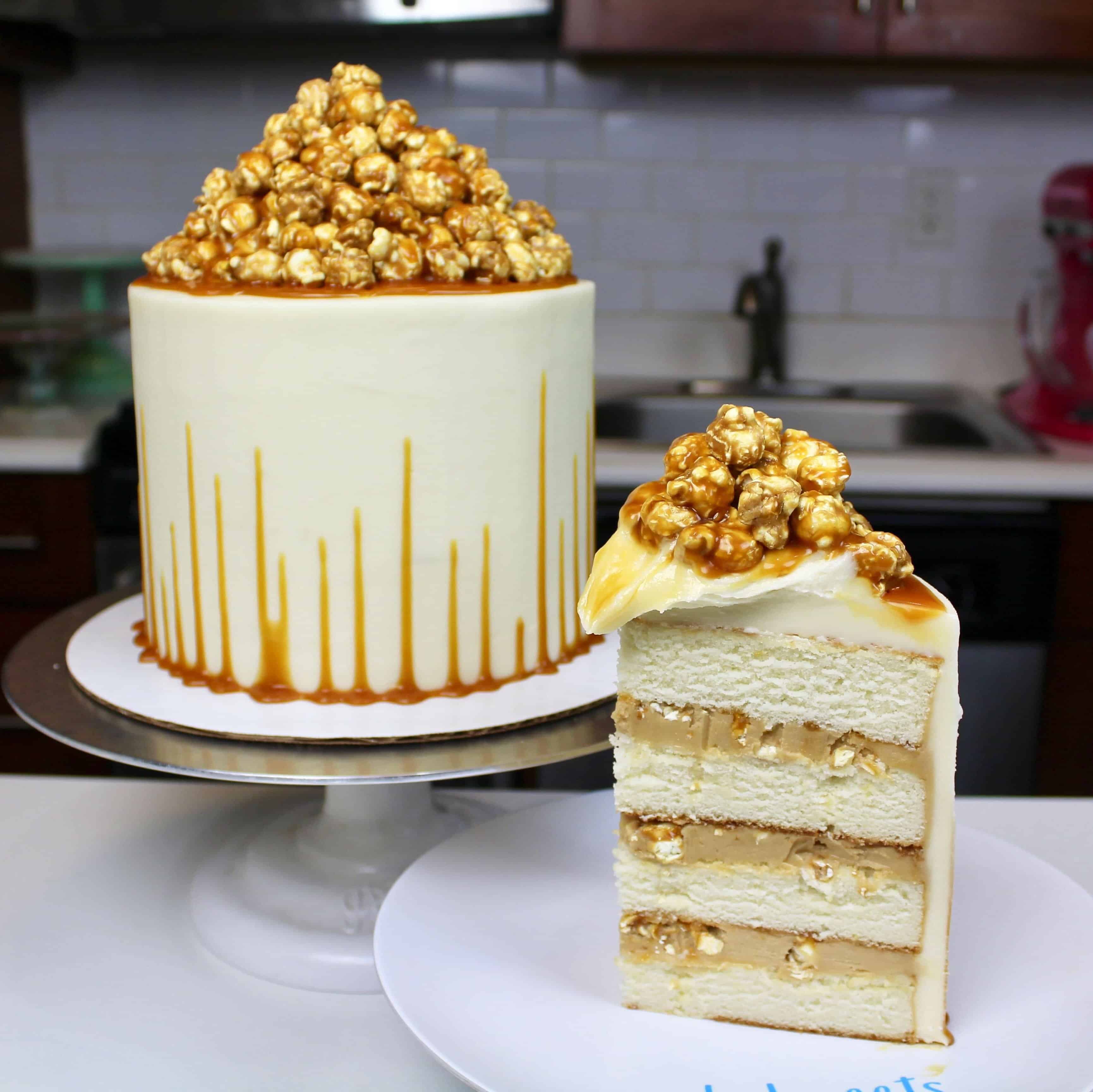 caramel corn cake with an upside down caramel drip