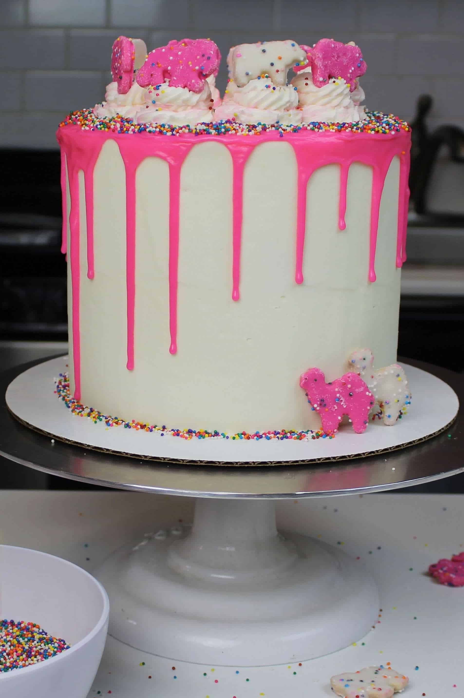 circus animal cookie cake, with a bright pink drip