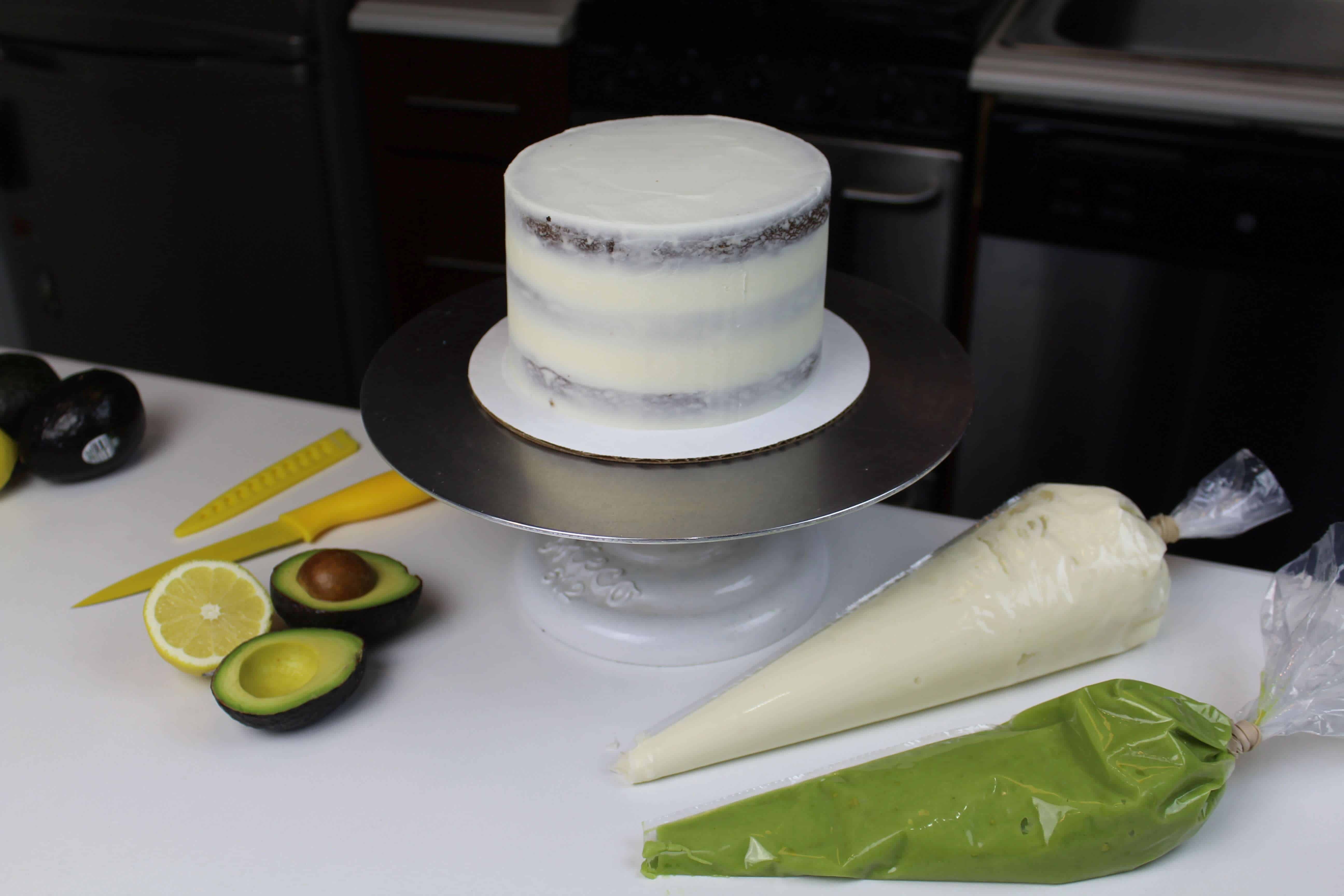 image of crumb coated chocolate avocado cake