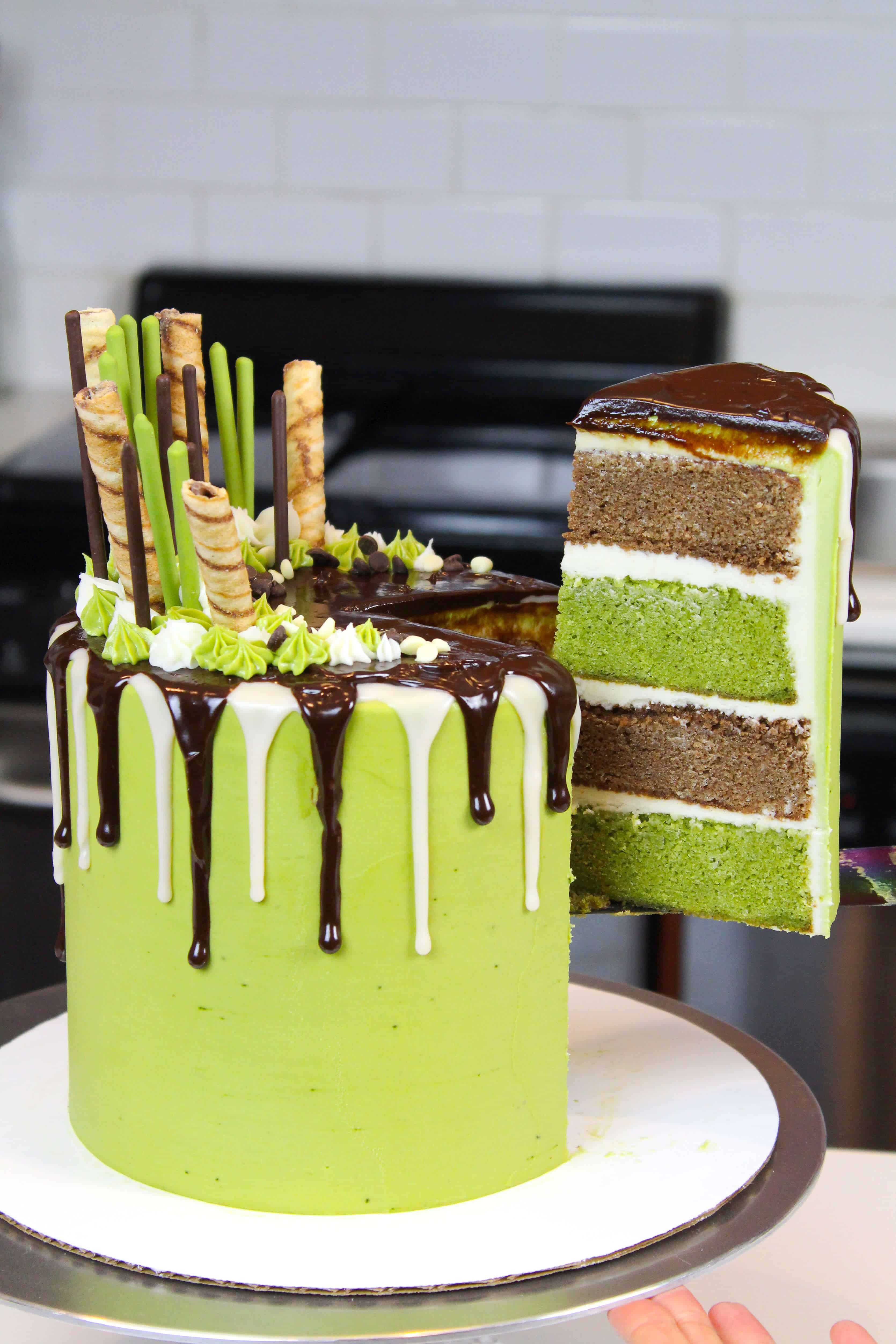 pulling slice out of chocolate matcha cake
