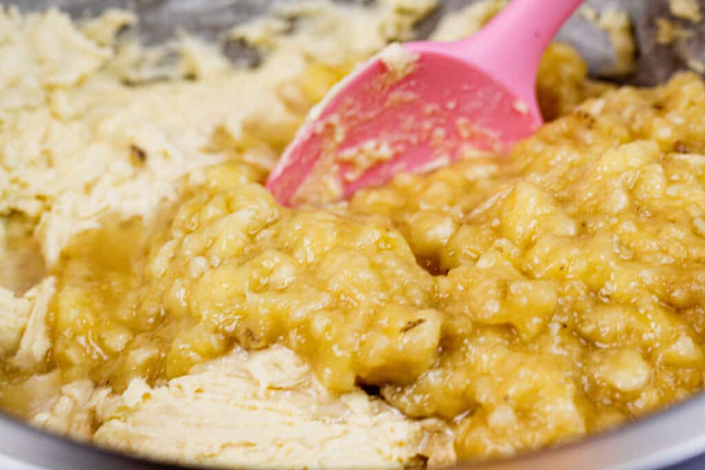 image of banana bread batter being made with super ripe, brown bananas