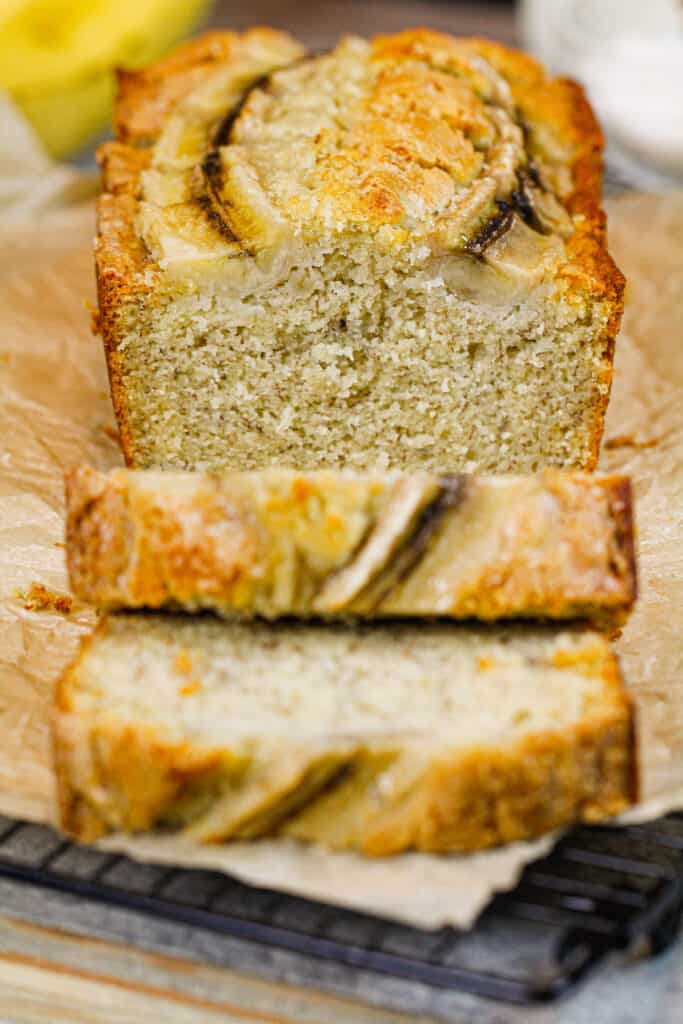 image of banana bread loaf sliced open
