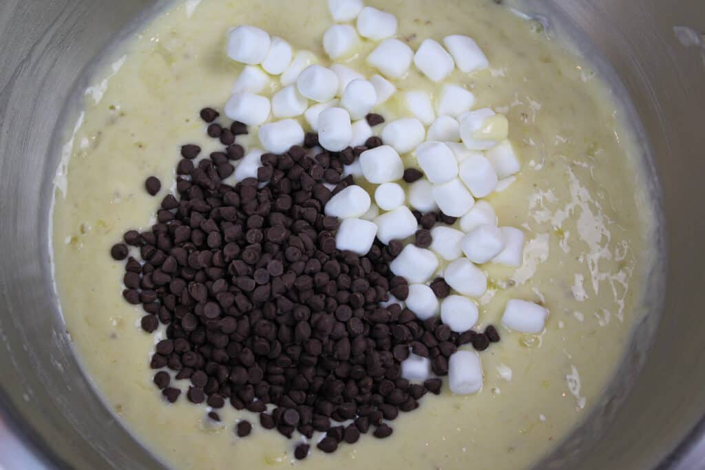 image of marshmallows and chocolate chips in banana bread batter
