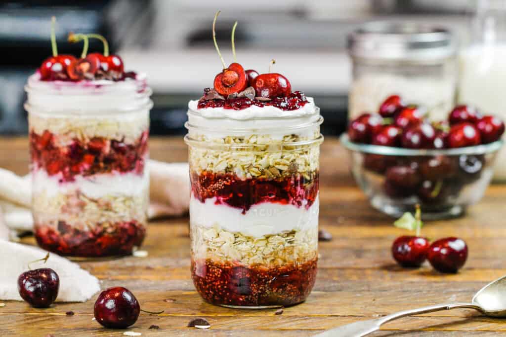 image of cherry overnight oats made with fresh cherries, chia seeds and greek yogurt