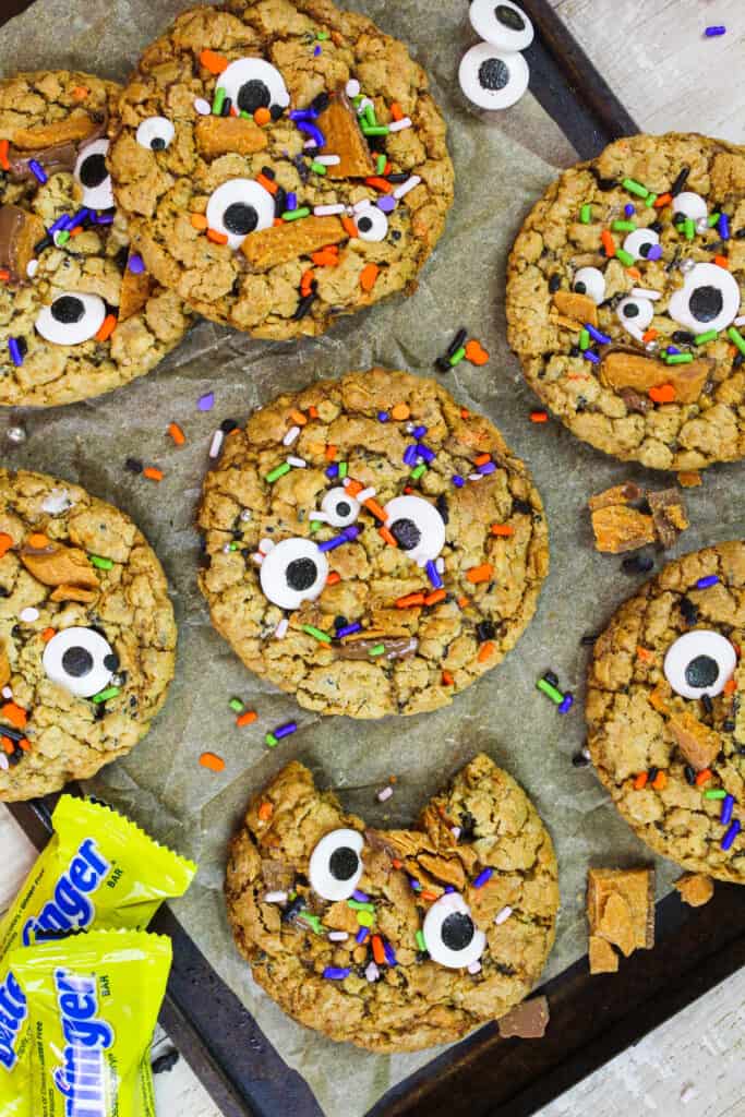 image of monster cookies made with butterfinger baking bits