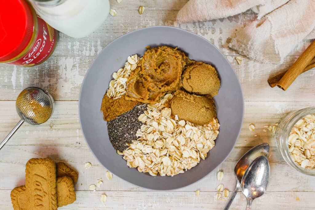 image of ingredients in a bowl to make biscoff overnight oats