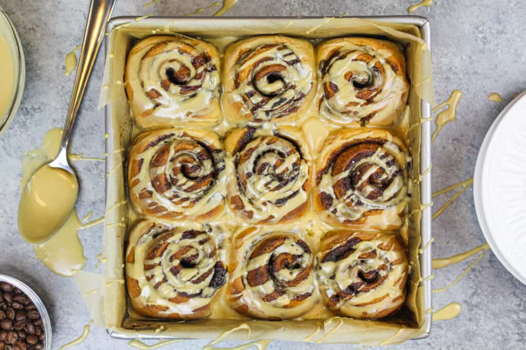 image of espresso cinnamon rolls glazed and ready to be served