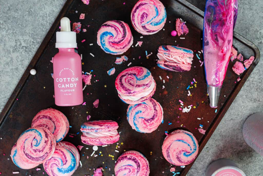 image of cotton candy macarons filled with cotton candy buttercream
