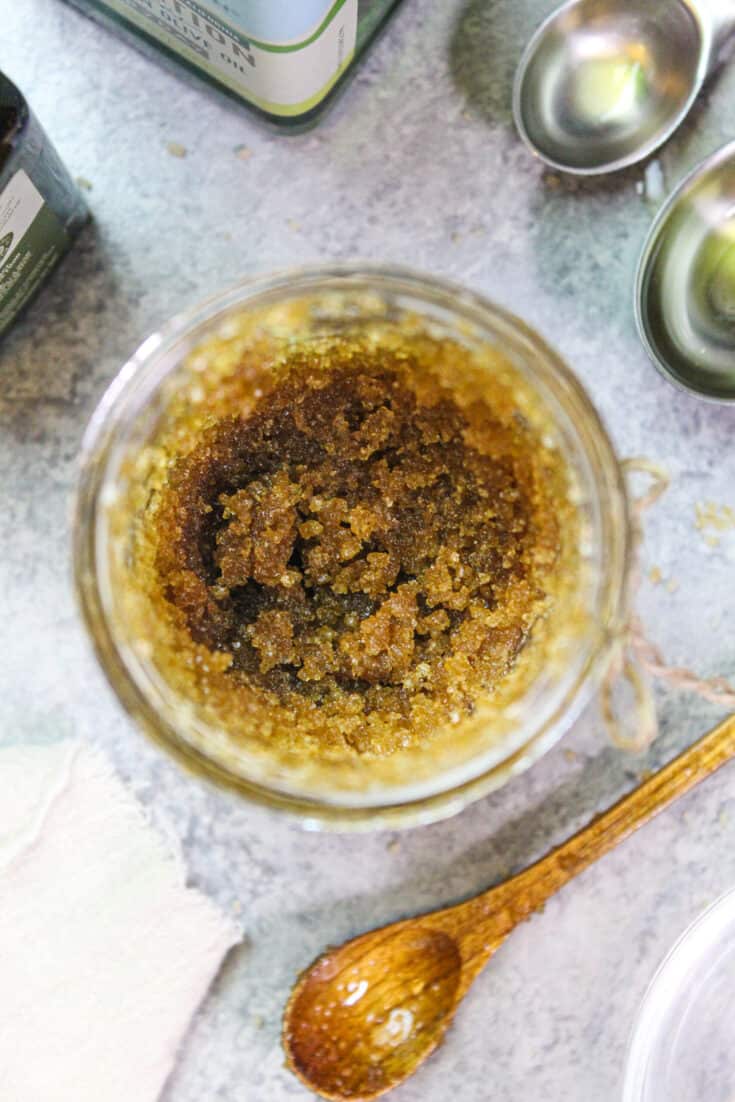 image of a brown sugar body scrub made in a mason jar