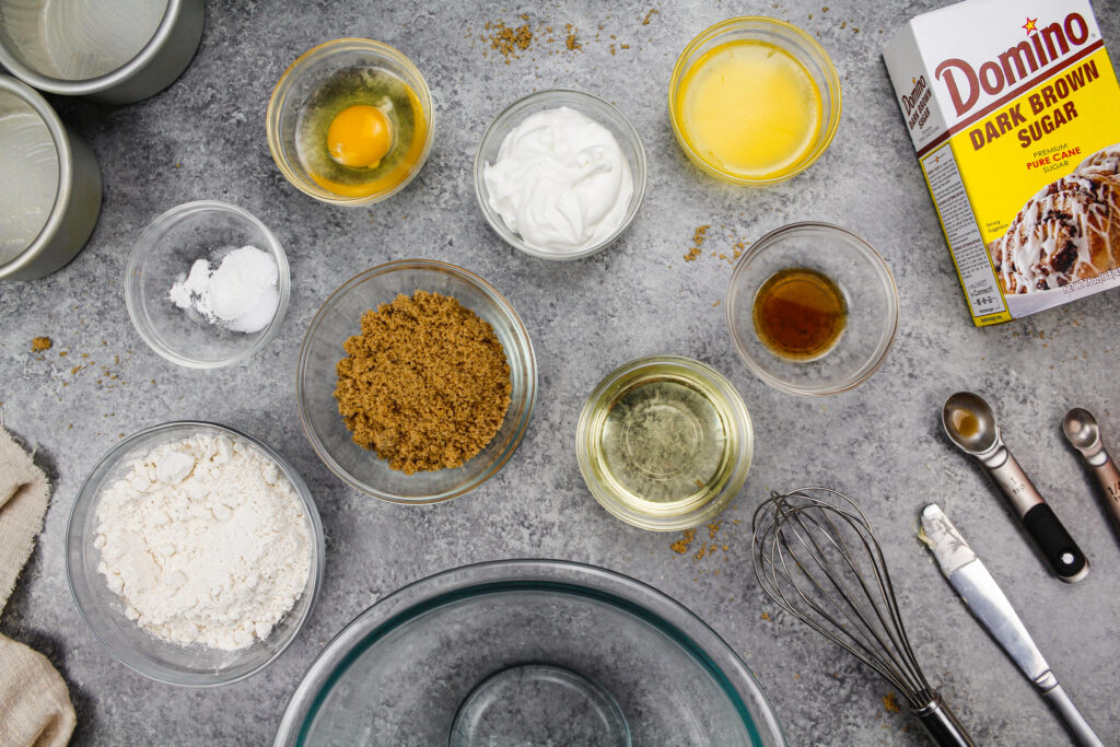 image of ingredients laid out to make an adorable little 4 inch layers cake with brown sugar cake layers