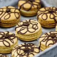 image of coffee macarons filled with coffee buttercream and decorated with a drizzle of dark chocolate and a coffee bean