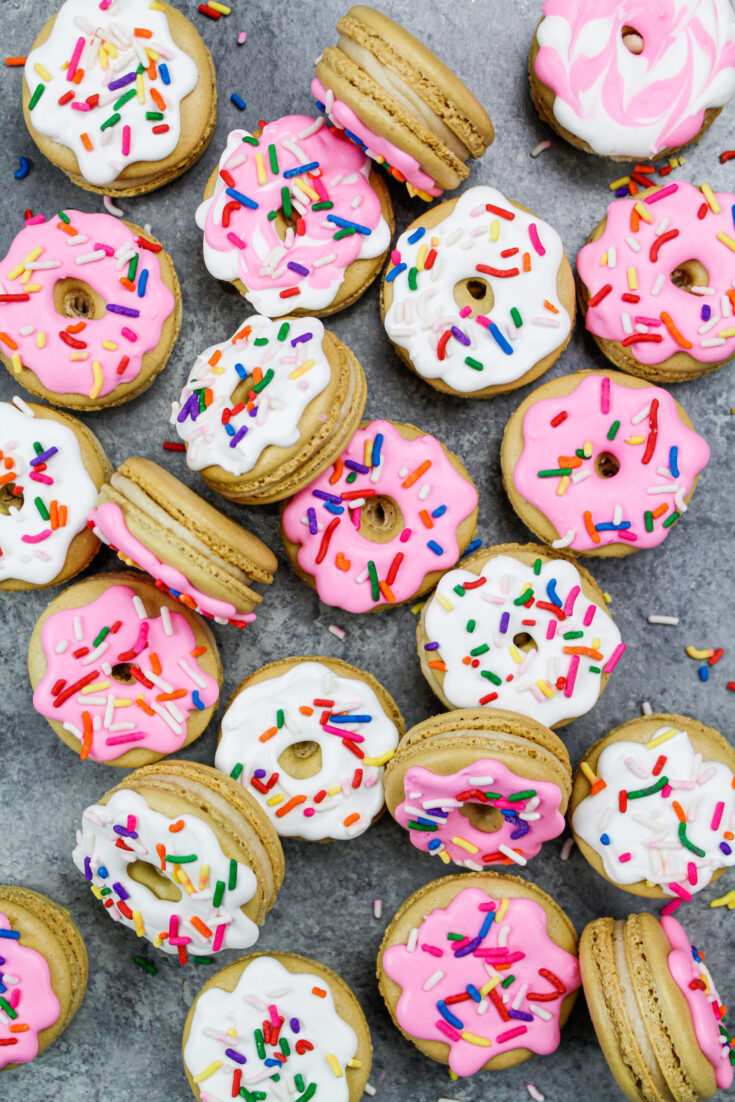 image of donut macarons iced with royal icing