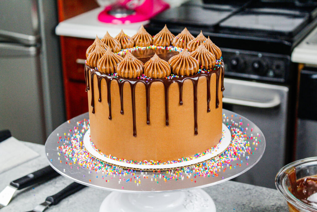 image a gorgeous chocolate drip cake decorated with small rainbow nonpareil sprinkles