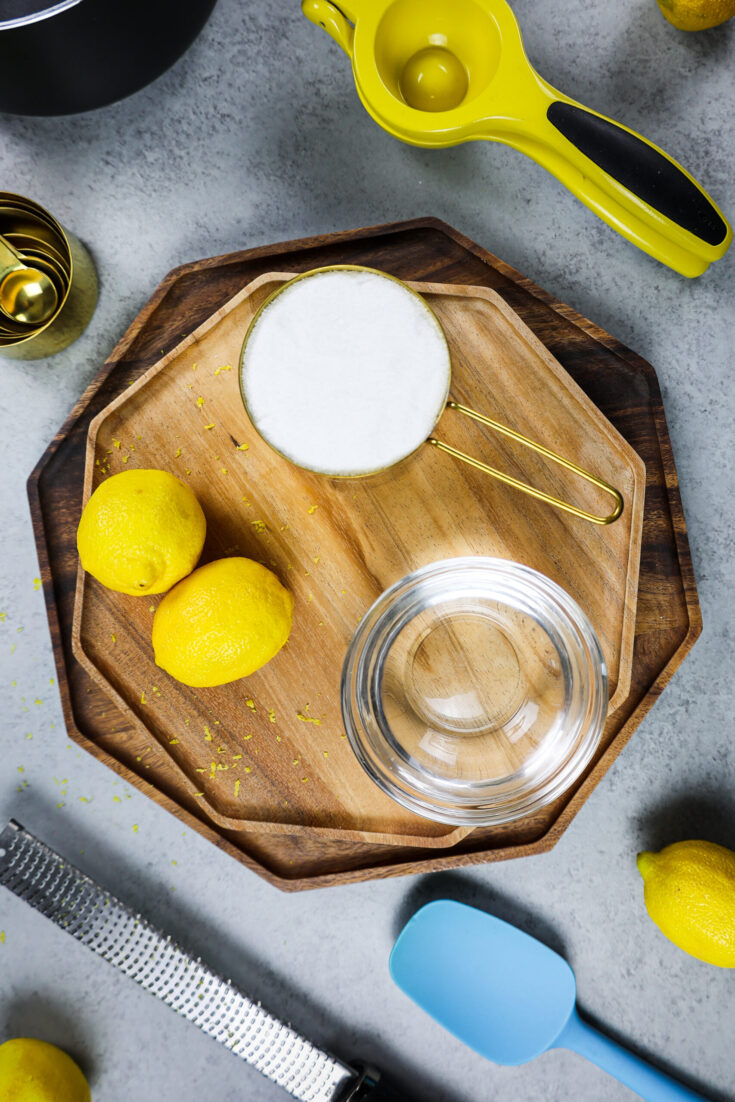 image of ingredients laid out to make lemon simple syrup