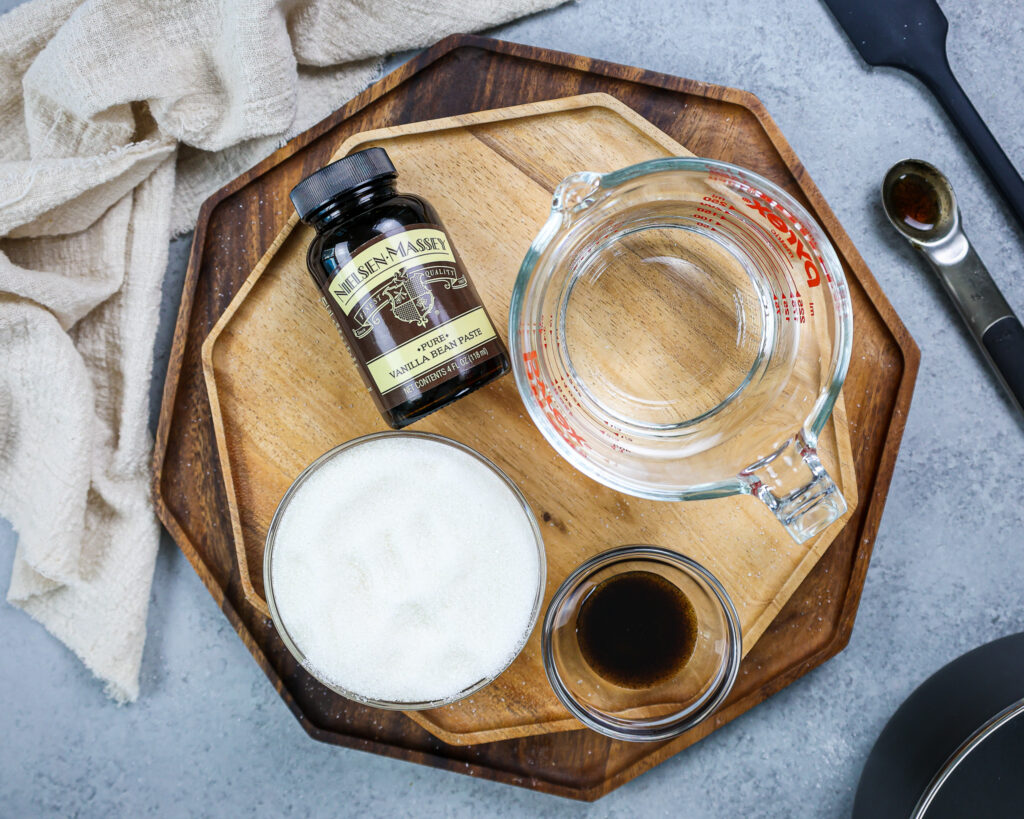 image of ingredients laid out to make vanilla simple syrup