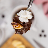 image of a bite of banana chocolate mug cake on a spoon