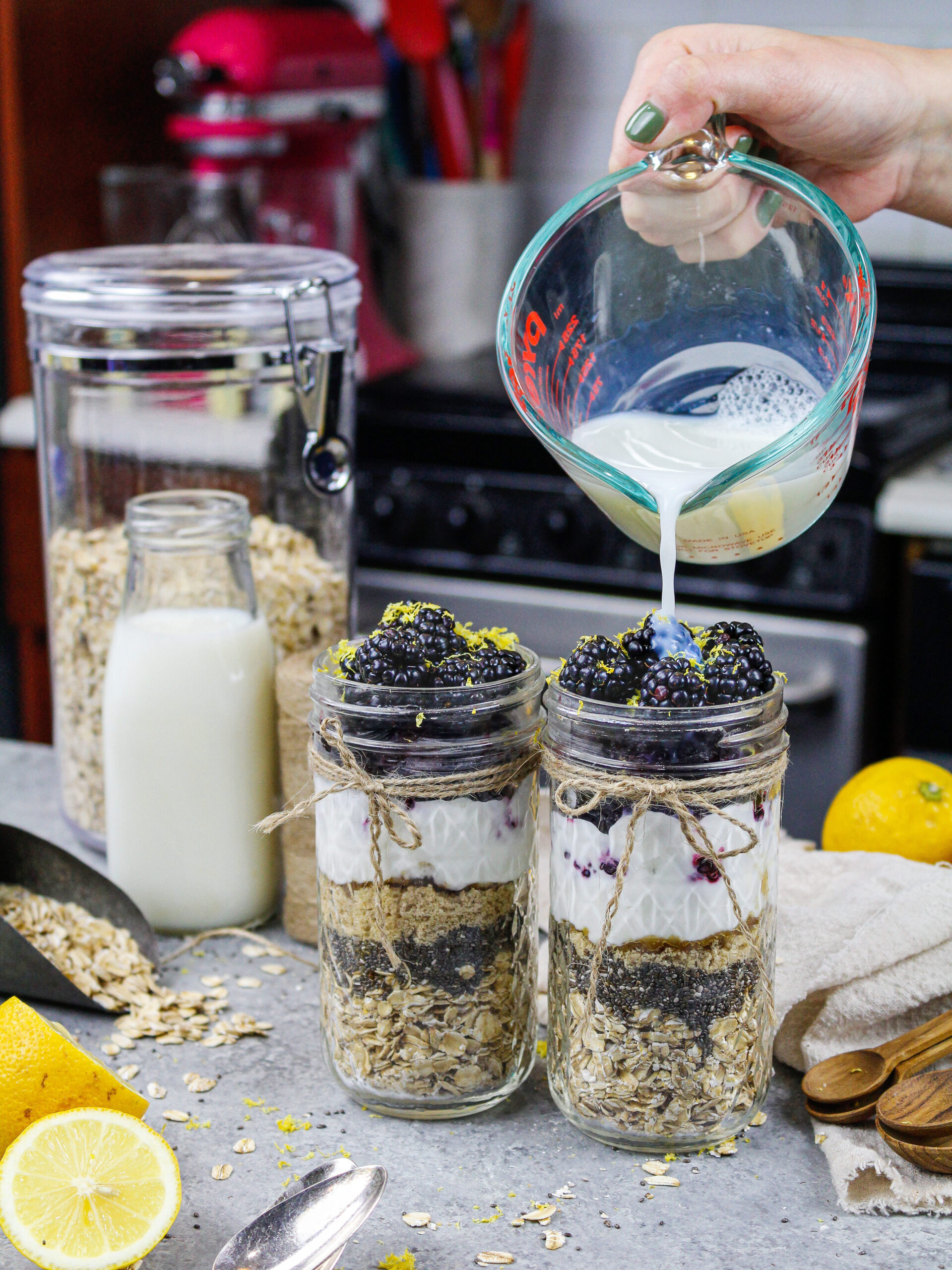 image of blackberry oats being made with skim milk and chia seeds