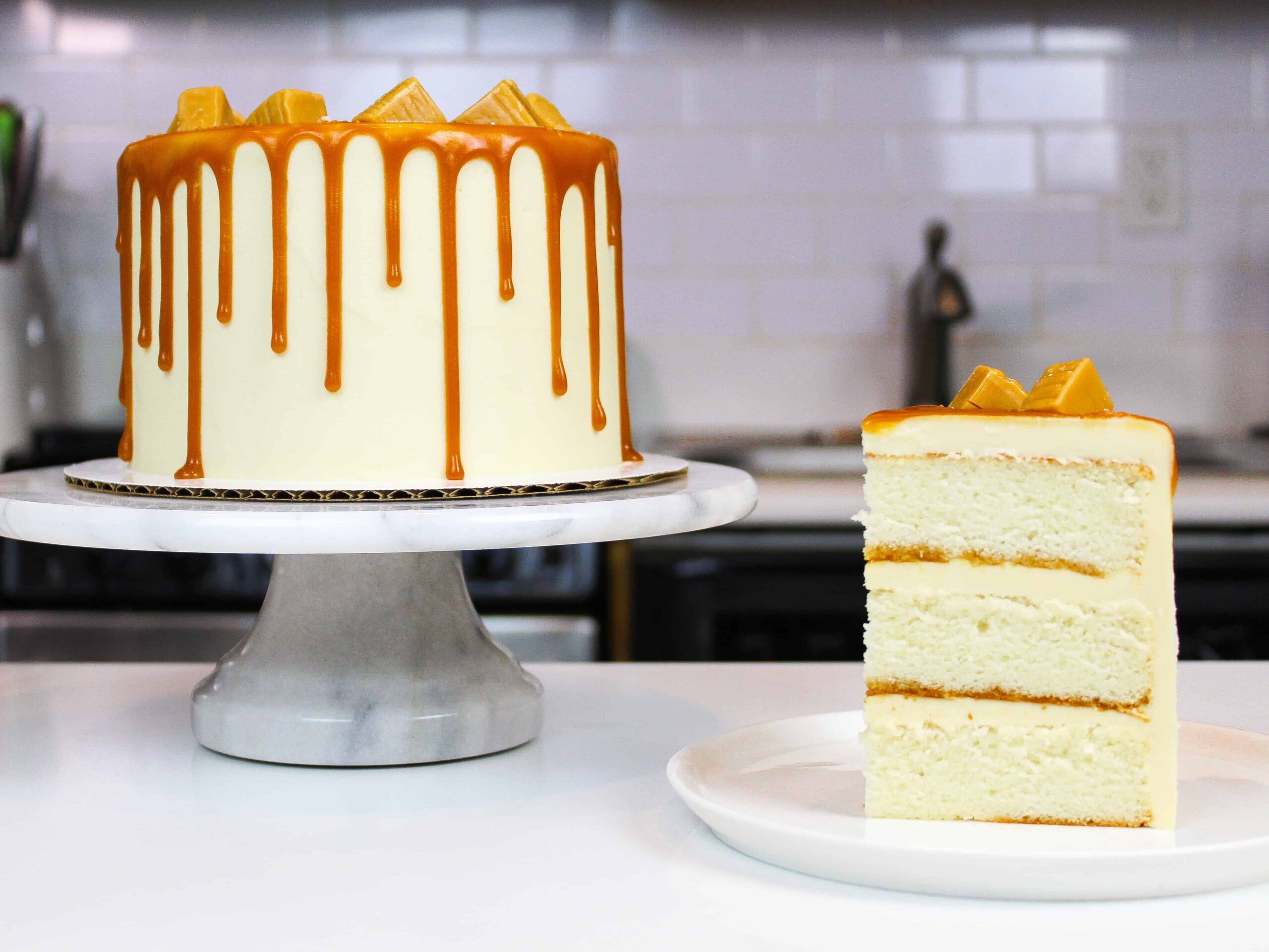 sliced caramel drip cake photo