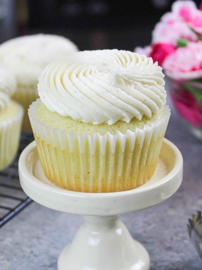 image of dairy free cupcake on a small cupcake stand