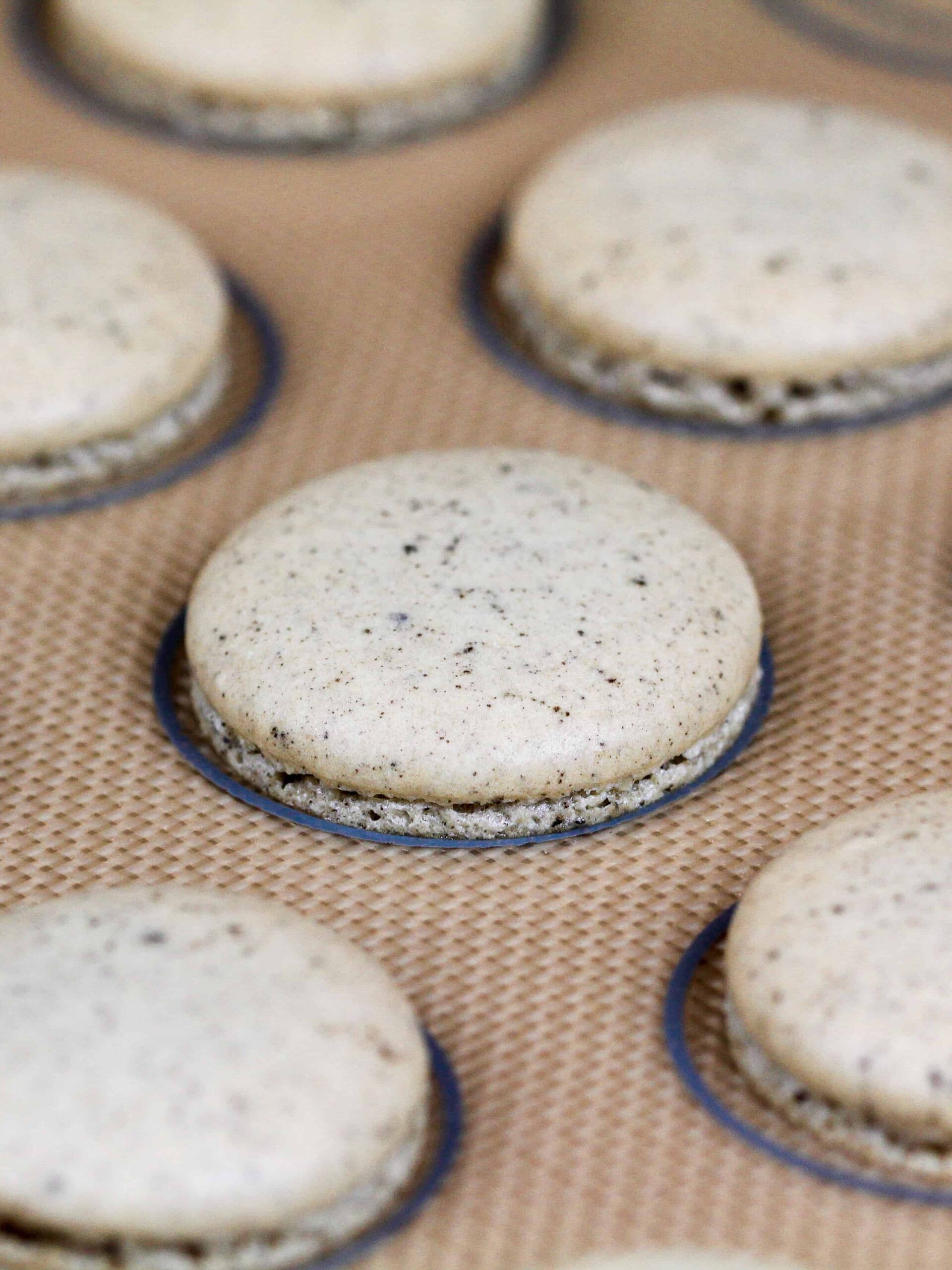 image of cookies and cream shells baked on a silpat mat