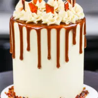 image of a mini brown sugar caramel drip cake made with 4-inch cake layers