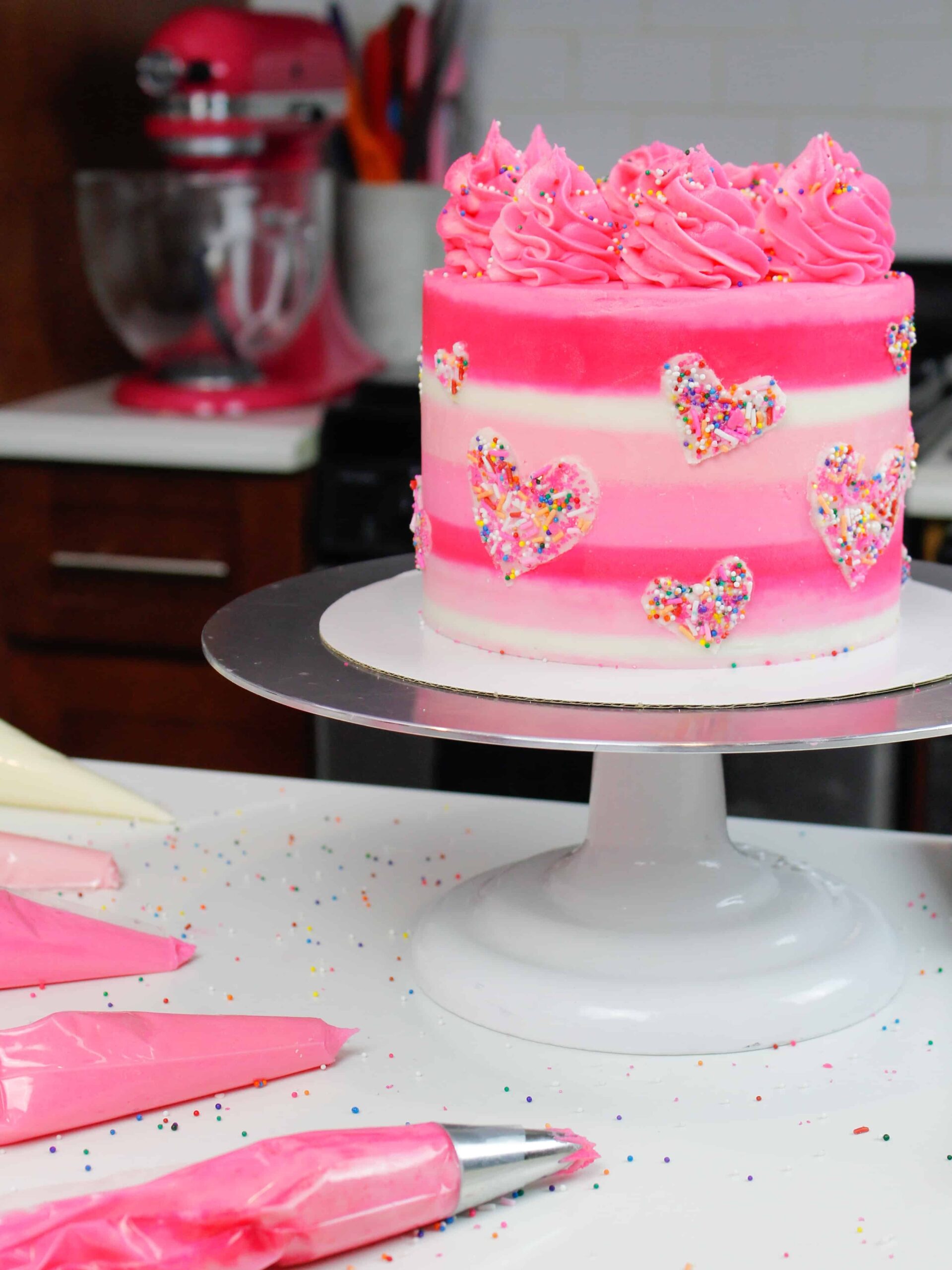 image of finished sprinkle heart cake for valentine's day