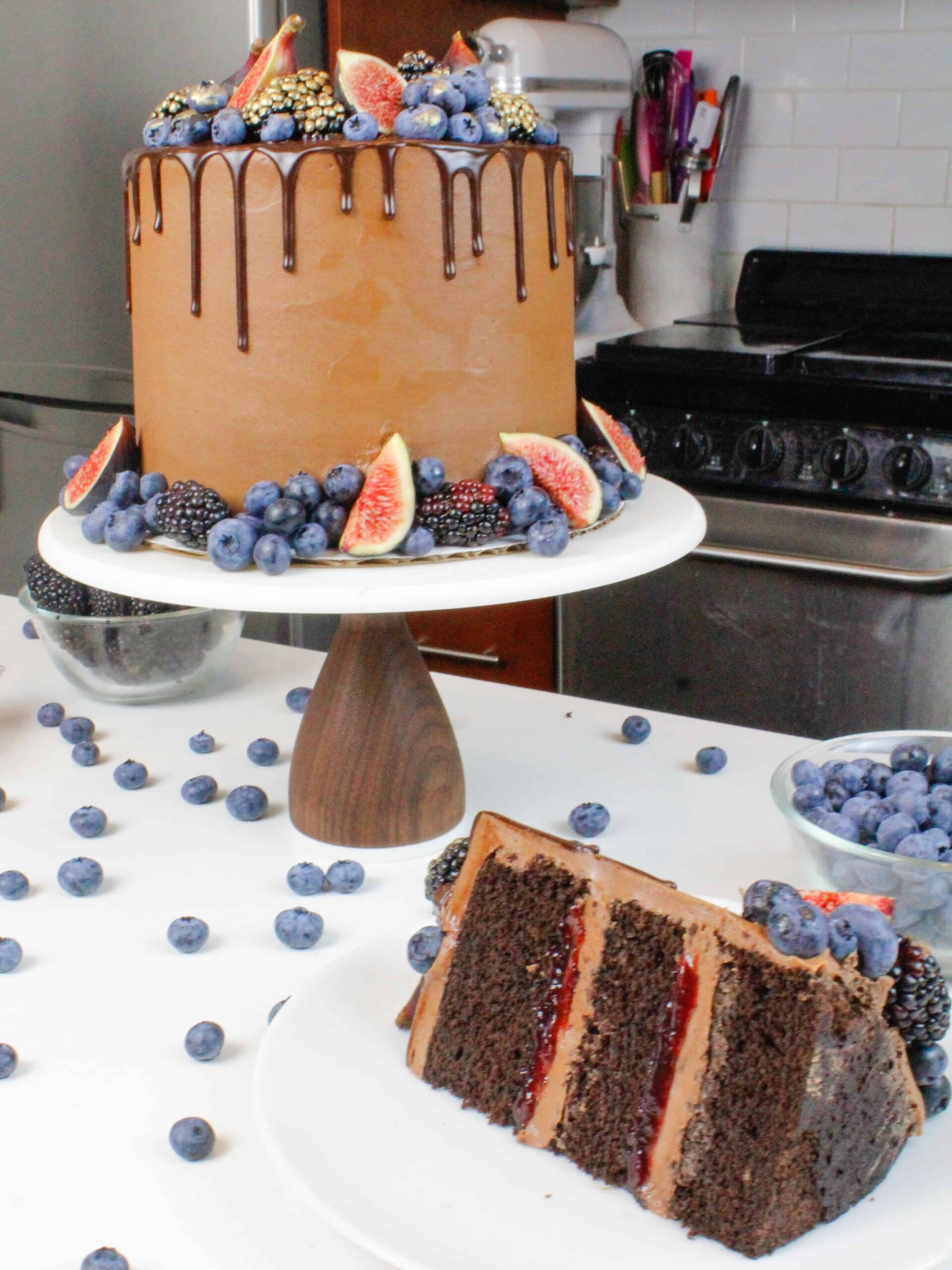 image of sliced blackberry chocolate cake