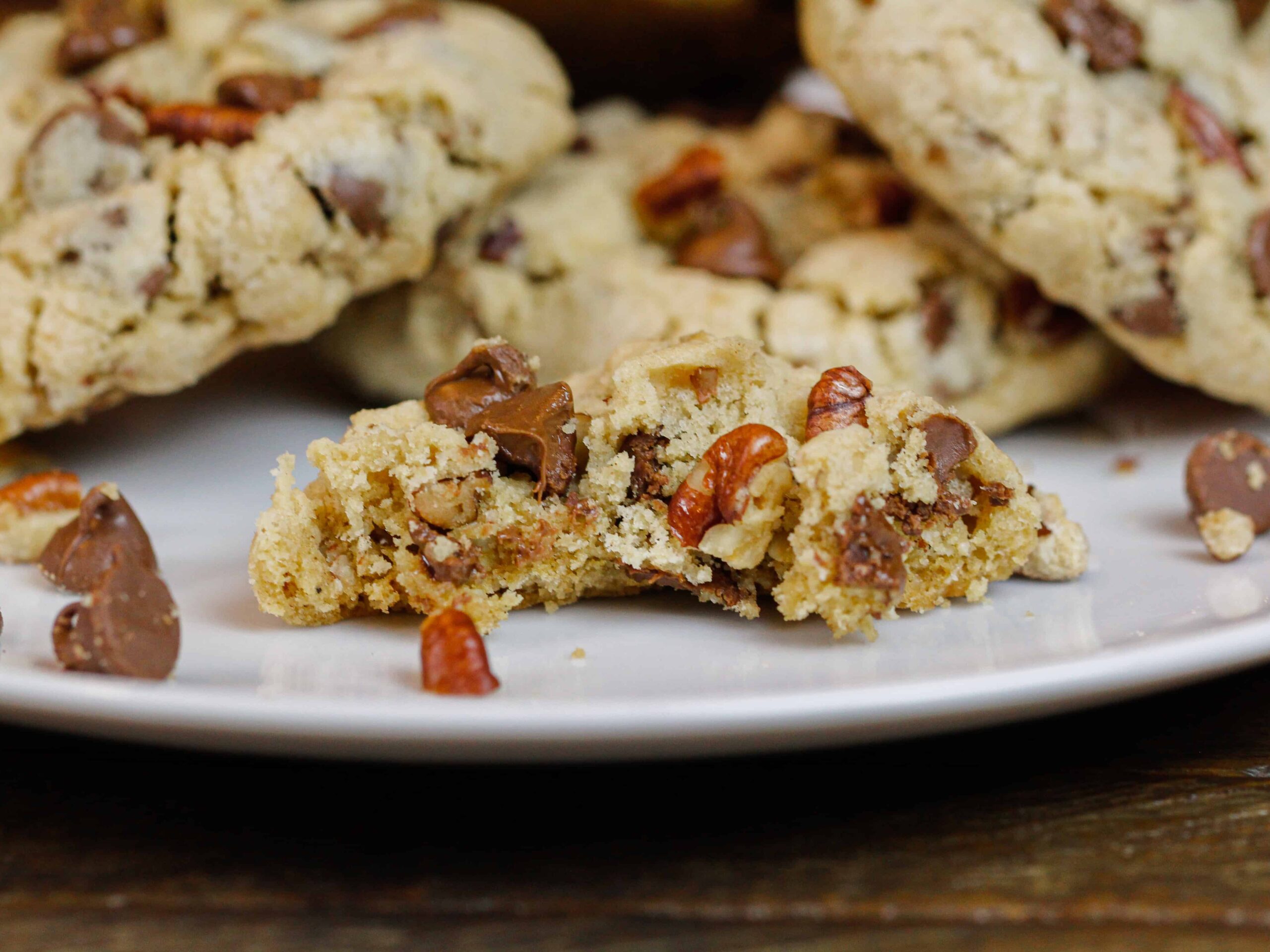 image of a bit of a doubletree chocolate chip cookie on plate

