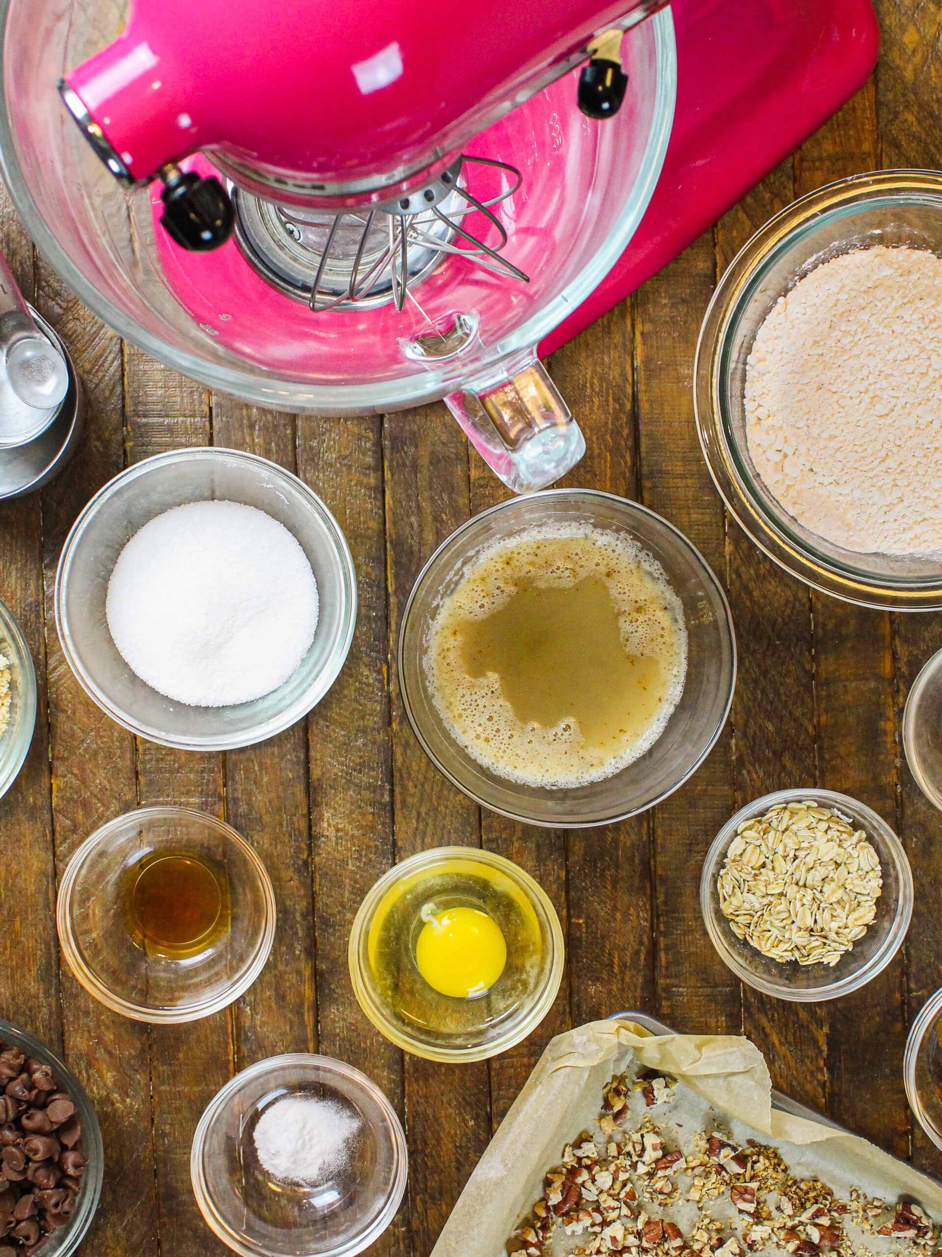 image of ingredients laid out to make a copycat small batch version of the doubletree chocolate chip cookie recipe