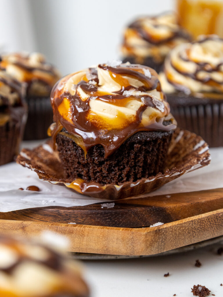 image of an unwrapped chocolate caramel cupcake