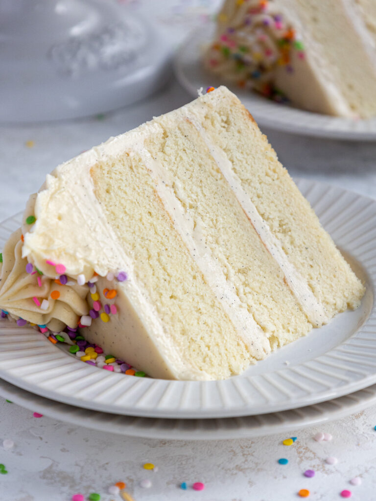 image of a slice of vanilla bean cake on a plate