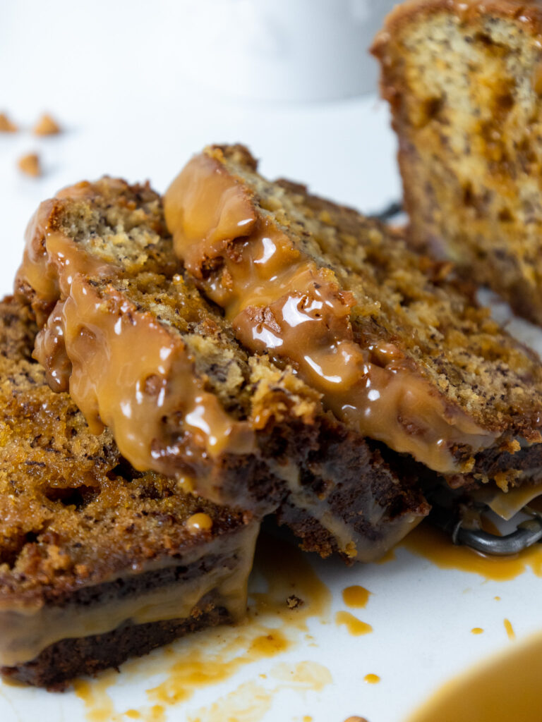 image of slices of butterscotch banana bread that's been cut and is ready to be served
