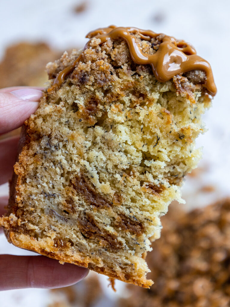 image of a loaf of biscoff banana bread that's been cut into slices