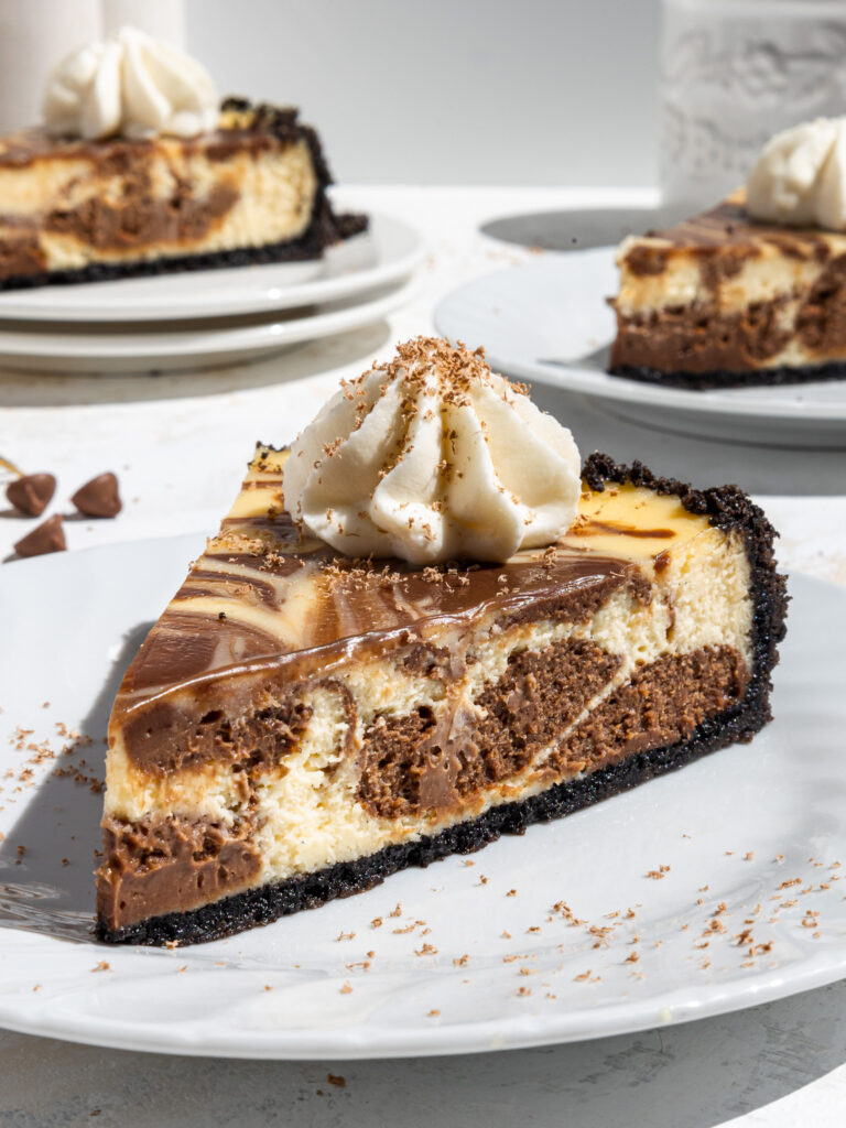 image of a marbled cheesecake slice that's been baked in a 9-inch springform pan