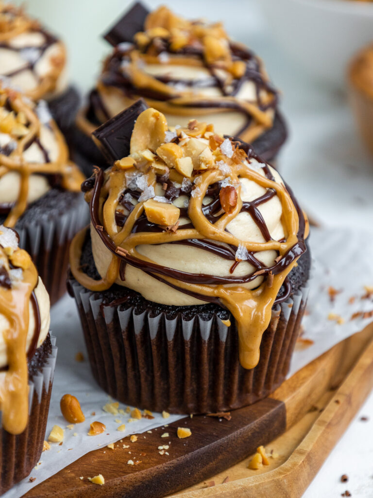 image of a chocolate peanut butter filled cupcake