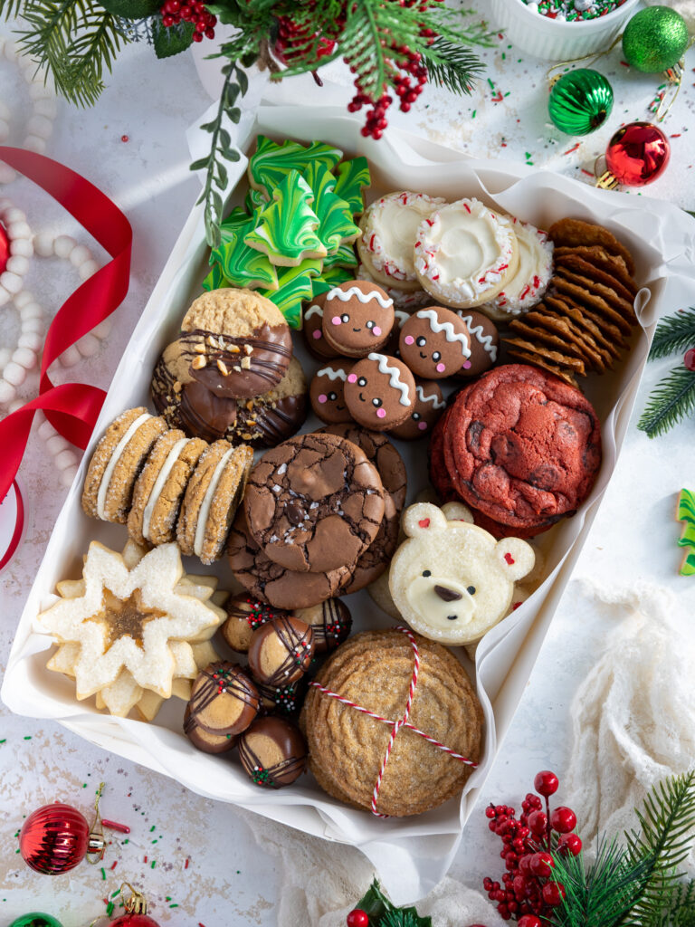 image of an adorable Christmas cookie box made with 12 different cookie recipes