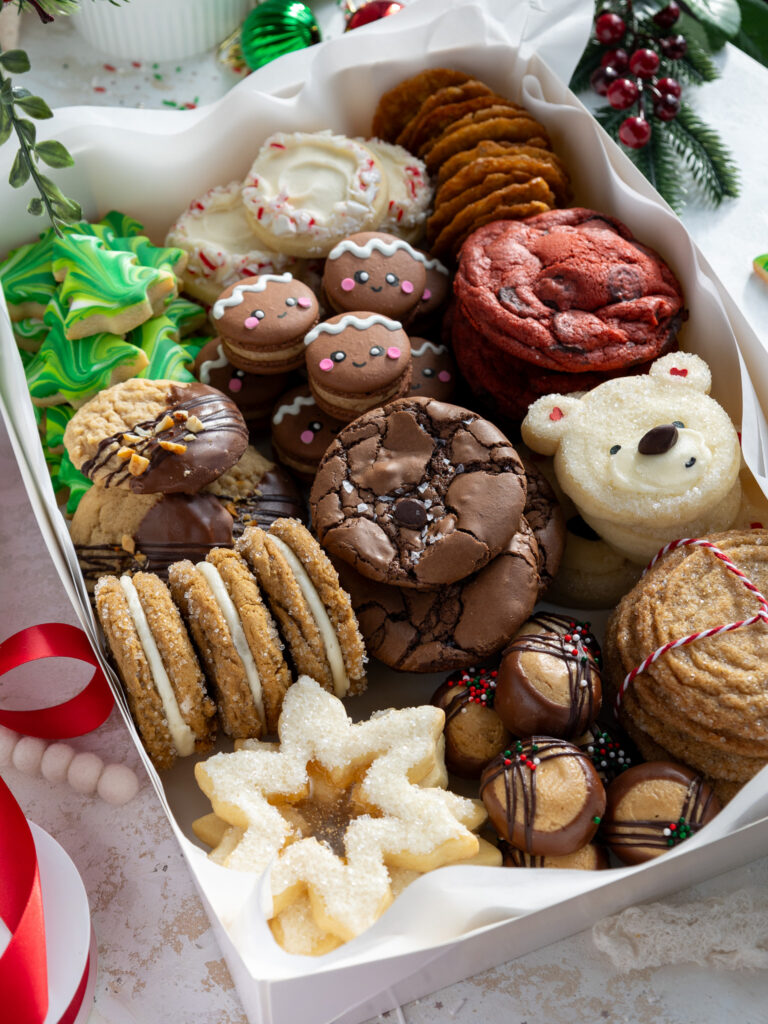 image of an adorable Christmas cookie box made with 12 different cookie recipes