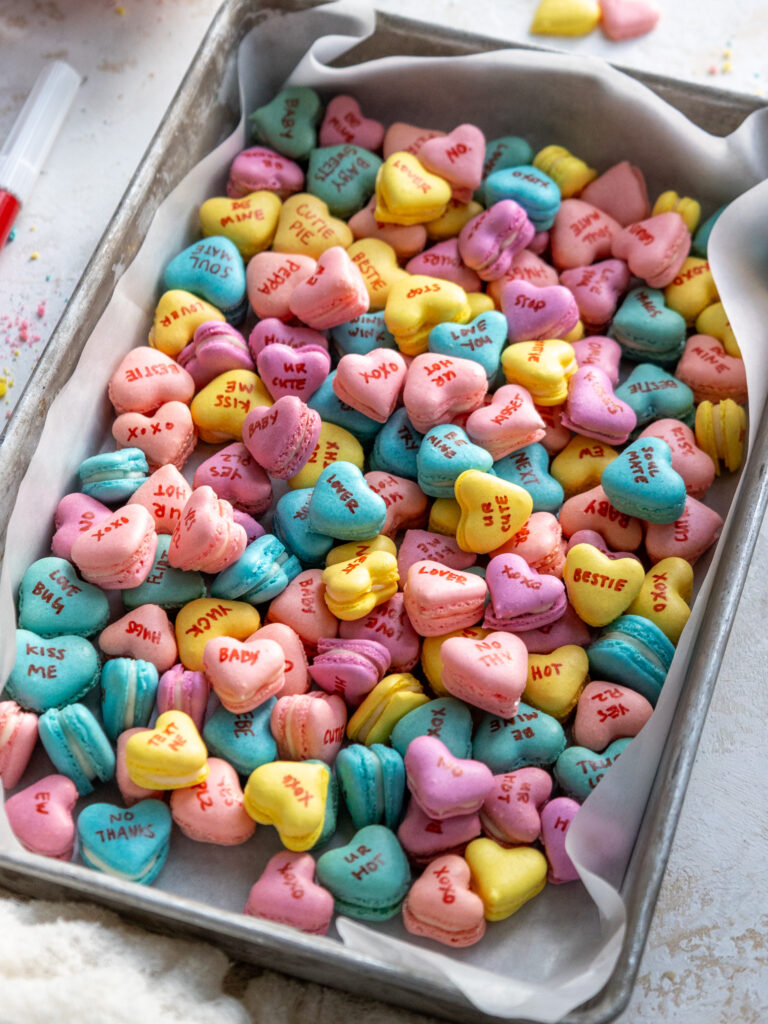 image of conversation heart macarons