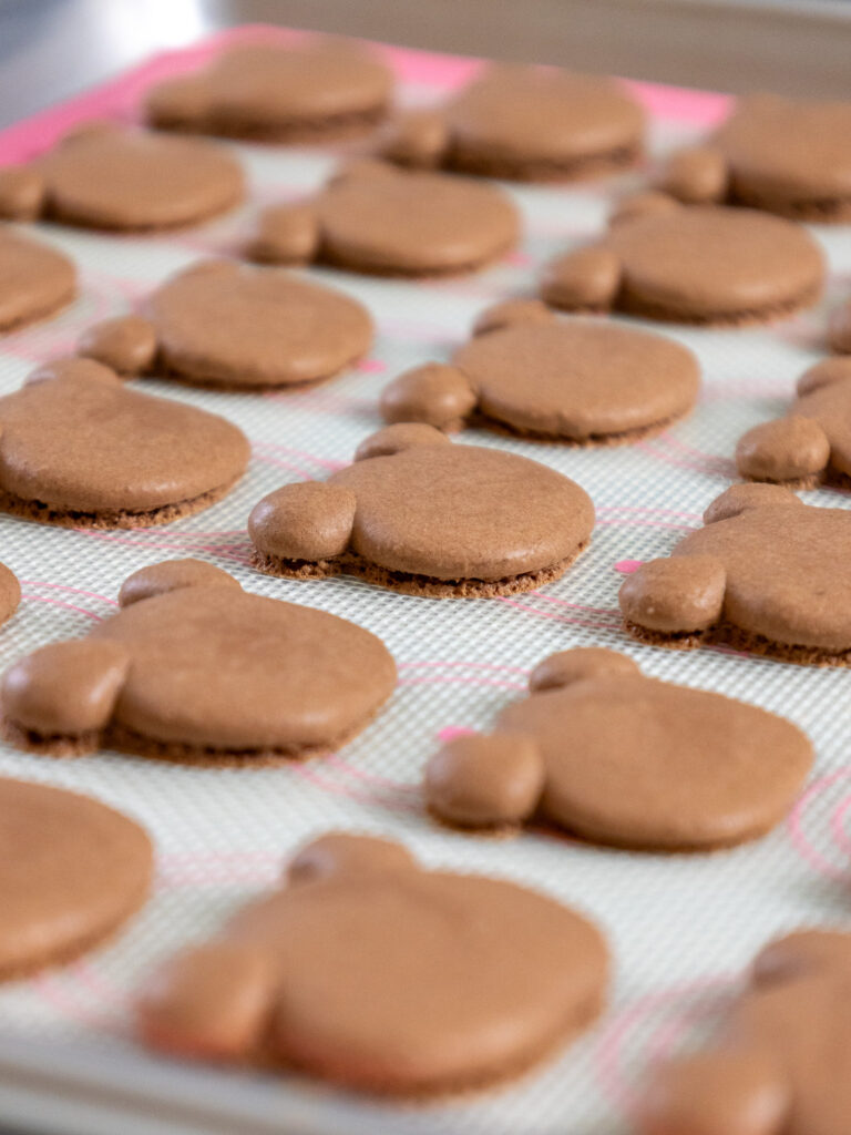 image of perfectly baked teddy bear macaron shells with nice feet